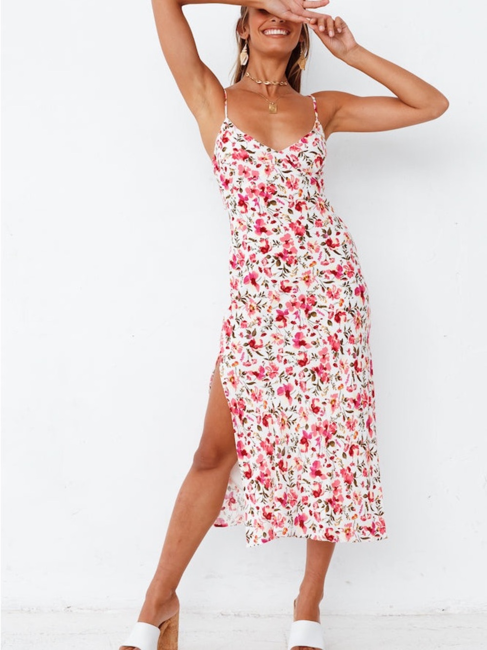 Hello Molly Sweet Seedlings Midi Dress Pink and White Floral Size M / US 6
